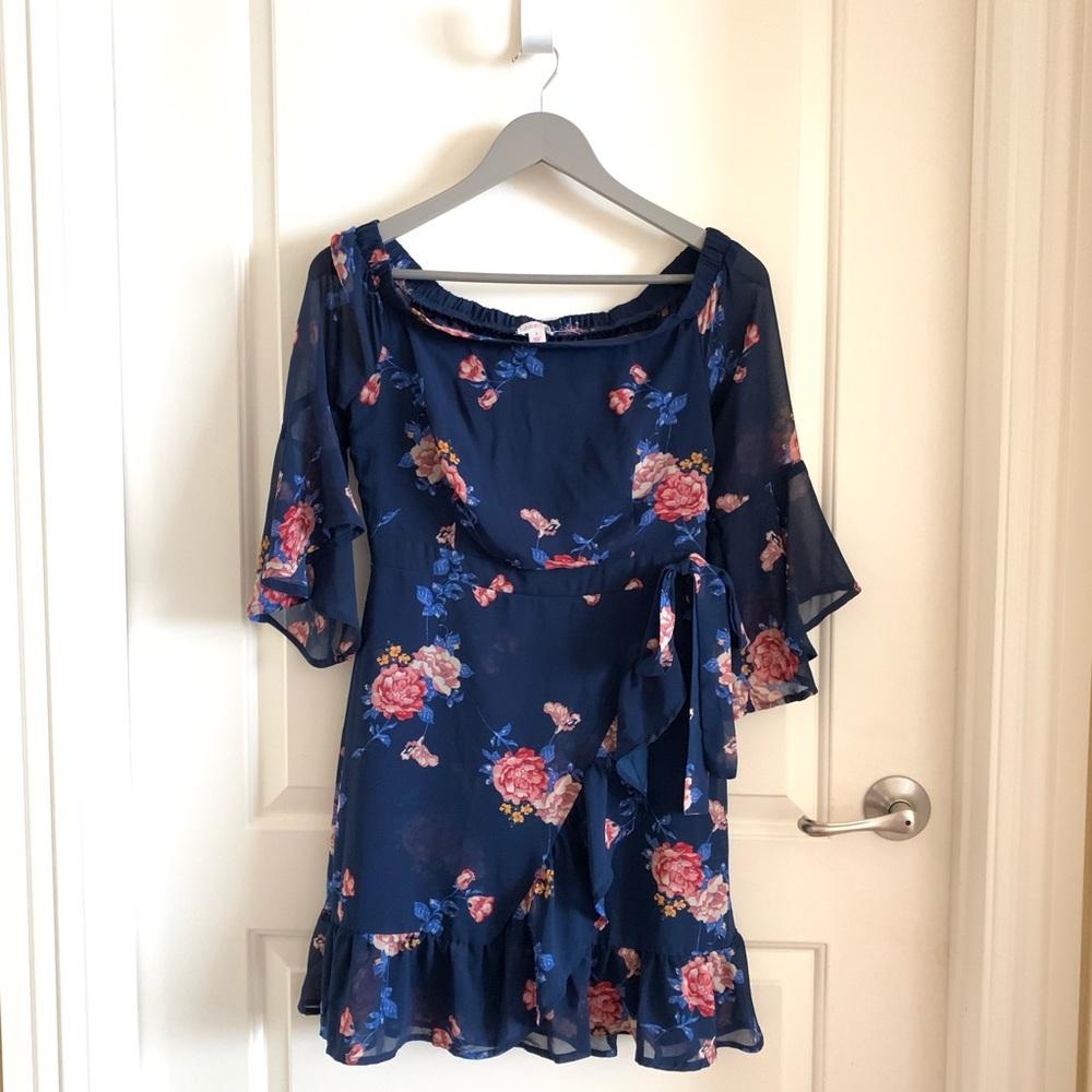Xhiliration Navy Floral Ruffle Boho OTS Dress - XS